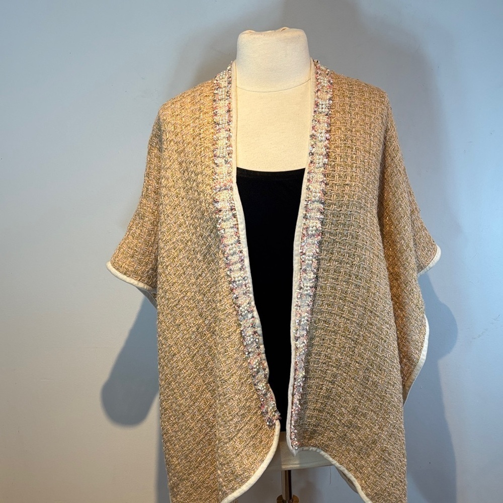 Vintage Jessica McClintock Tan Tweed Poncho/shawl with Multicolor Trim NWT